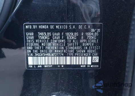 2020 Honda Fit Lx z USA, uszkodzony, nr VIN 3HGGK5H48LM727774